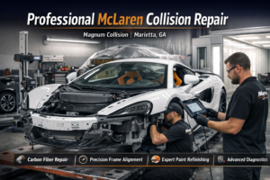 McLaren collision repair in progress at Magnum Collision in Marietta GA with technicians performing carbon fiber and structural auto body repair.